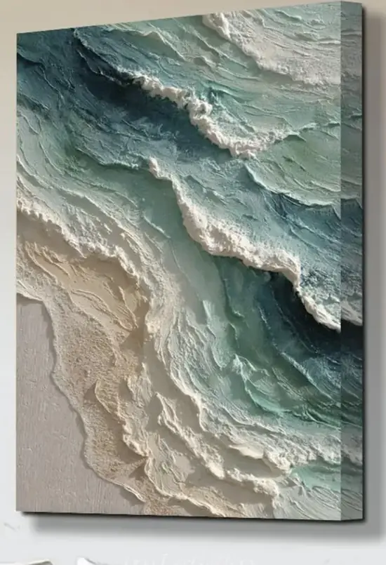 Cuadro texturizado de olas en tonos verdes y turquesa